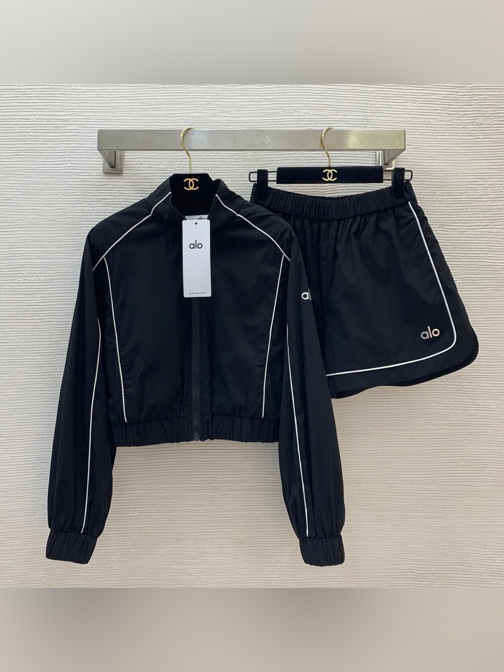 ALO Yoga Black Cropped Track Jacket & Shorts Set with White Piping